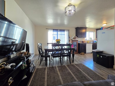 Dining space featuring light wood-style flooring and a textured ceiling