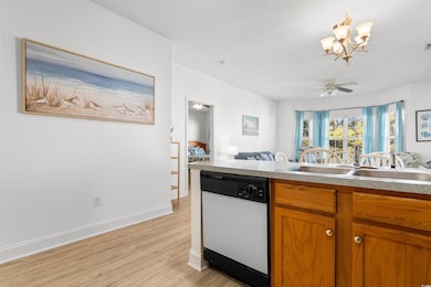 Kitchen with light wood-type flooring, white dishw