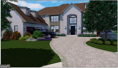 French country inspired facade featuring curved driveway, stone siding, and a front yard