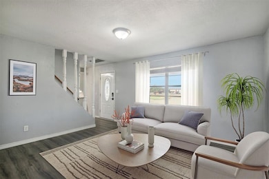 Living room with dark hardwood / wood-style floori