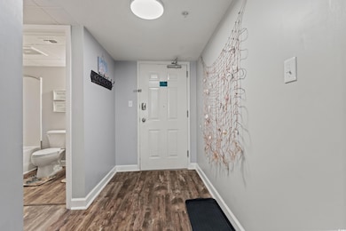 Entryway with dark wood finished floors, visible v