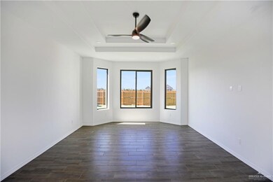 Unfurnished room featuring baseboards, a tray ceiling, ceiling fan, and dark wood finished floors