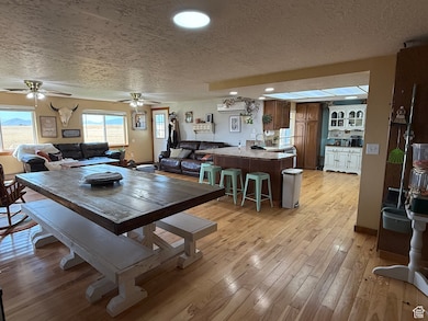 Dining area featuring a textured ceiling and light wood-style flooring