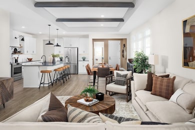 Great room with stained ceiling beams