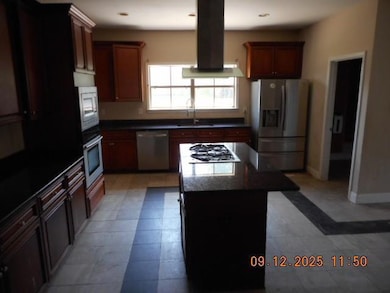 Kitchen with extractor fan, appliances with stainless steel finishes, and a center island