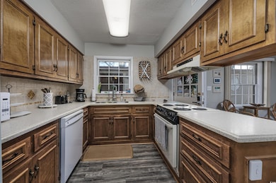 Kitchen with a sink, dark wood-style floors, white appliances, a peninsula, and light countertops