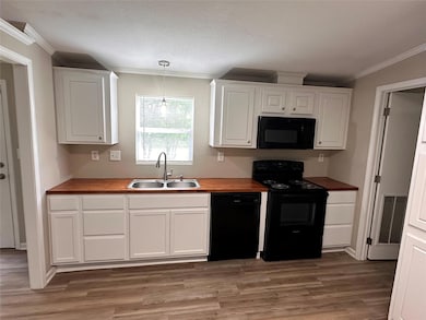 Kitchen with wood counters, white cabinetry, a sin