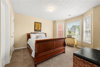Carpeted bedroom featuring baseboards and a textured ceiling