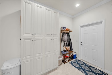 Mudroom with crown molding and recessed lighting