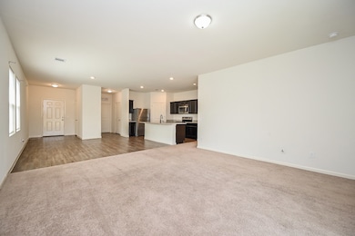 What an amazing view from the interior of the carpeted living area, to kitchen and straight through to the front door, with plenty of room for sizeable dining pieces and accents.