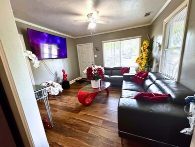 Living room featuring ornamental molding, ceiling fan, wood finished floors, and a textured ceiling
