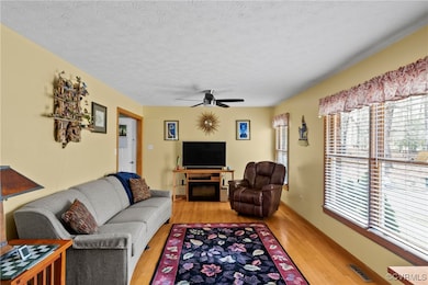 Living room featuring a textured ceiling, visible