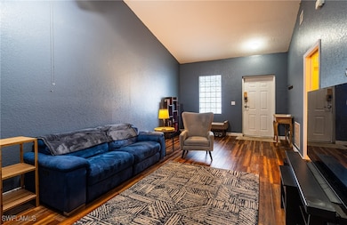 Living room featuring lofted ceiling and dark wood
