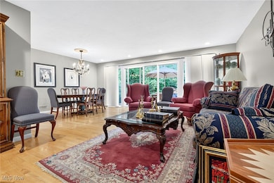 Living area with light wood finished floors, a chandelier, and recessed lighting