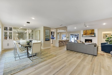 Dining space with light wood-type flooring, visib