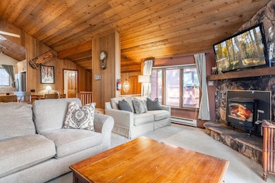 Living area featuring vaulted ceiling, a wood stove, carpet floors, wood ceiling, and wood walls