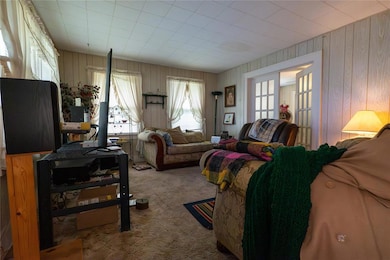 Carpeted living area with wooden walls