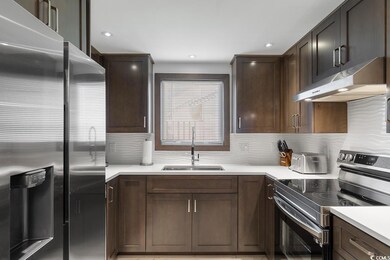 Kitchen featuring tasteful backsplash, dark brown 