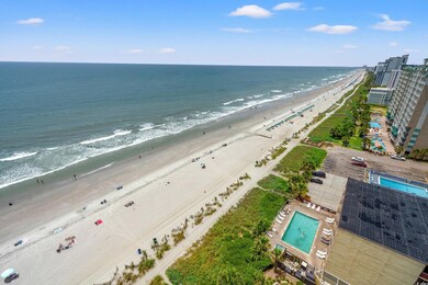 Drone / aerial view of unending shoreline and a pool
