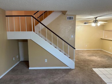 Stairway featuring ceiling fan, carpet floors, and