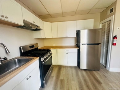 Kitchen with stainless steel appliances, a drop ceiling, white cabinets, light wood-style flooring, and under cabinet range hood