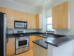 Kitchen with a peninsula, appliances with stainless steel finishes, light brown cabinetry, and light wood-type flooring
