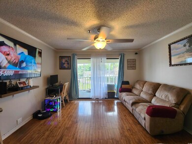 Living room with ceiling fan, crown molding, a tex