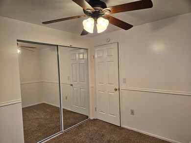 Unfurnished bedroom featuring dark carpet, a closet, ceiling fan, and a textured ceiling