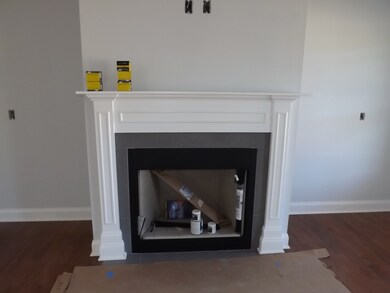 The fireplace has a white custom mantel