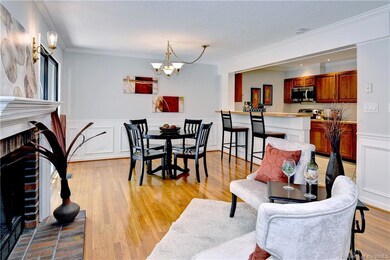 The family room features a wood-burning fireplace 