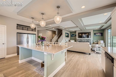 Kitchen featuring stainless steel appliances, a breakfast bar, light wood-style floors, a center island, and decorative light fixtures