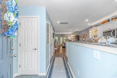 Hall featuring dark wood-type flooring and a textu