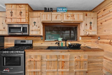 Kitchen with wood walls, sink, stainless steel appliances, light brown cabinets, and a textured ceiling