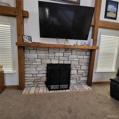Detailed view of a fireplace and carpet flooring