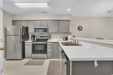 Kitchen with gray cabinets, a peninsula, appliance