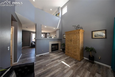 Living area with wood finished floors, a high ceil