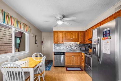 Kitchen with appliances with stainless steel finishes, a sink, light wood-style floors, under cabinet range hood, and ceiling fan