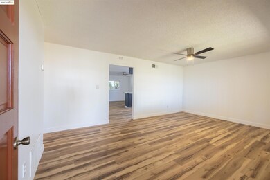 Empty room featuring light wood finished floors, ceiling fan, and a textured ceiling