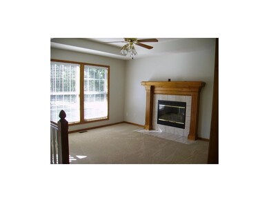Living room has tray ceiling and gas fireplace.