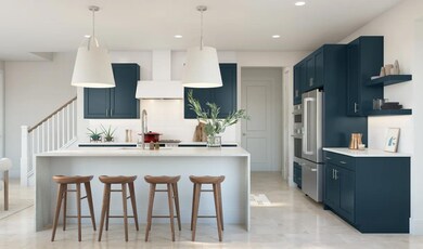 Kitchen with pendant lighting and floating shelves