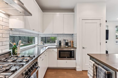 Kitchen featuring built in microwave, stainless s