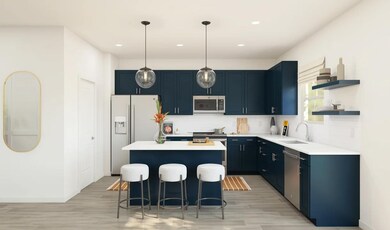 Kitchen with pendant lighting and floating shelves