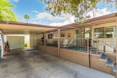 Large patio with storage shed