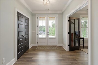 Doorway to outside with dark wood-type flooring, c
