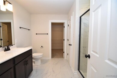Bathroom with vanity, toilet, and a shower with sh