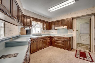 Kitchen featuring light carpet, sink, stainless st