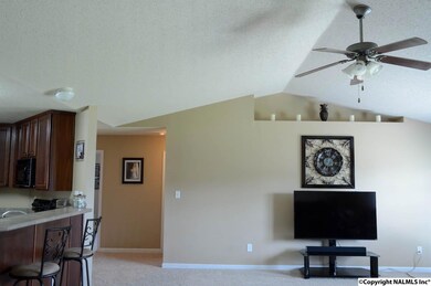 Another view of the large open family room with new carpet and shelf. Open with a bar to the kitchen.