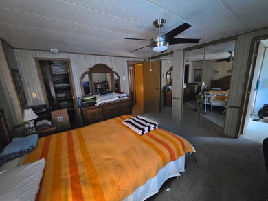 Carpeted bedroom featuring a ceiling fan and multiple closets