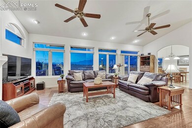 Living room walks out, has high vaulted ceilings w