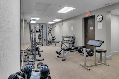 Workout area featuring a paneled ceiling and light colored carpet